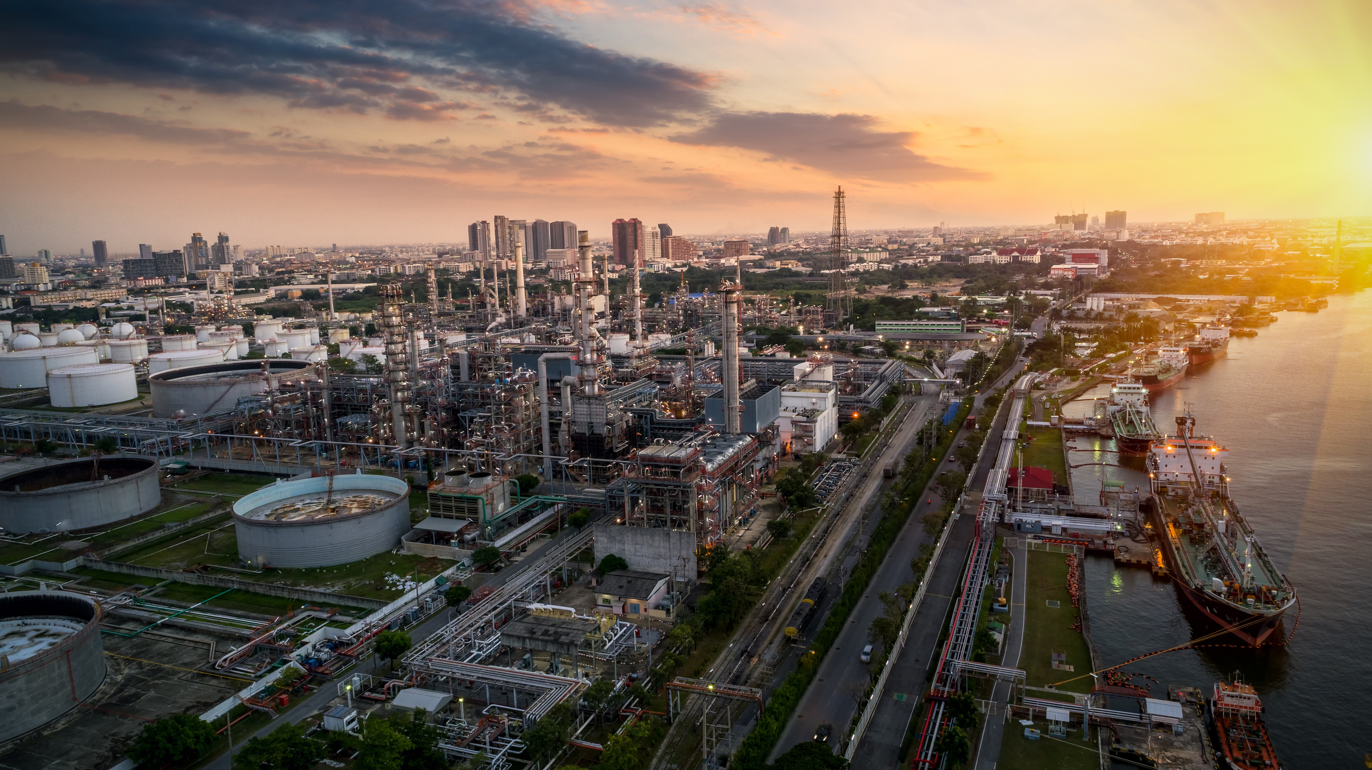 Aerial view oil refinery, refinery plant, Industrail refinery factory Petrochemical plant at sunset background